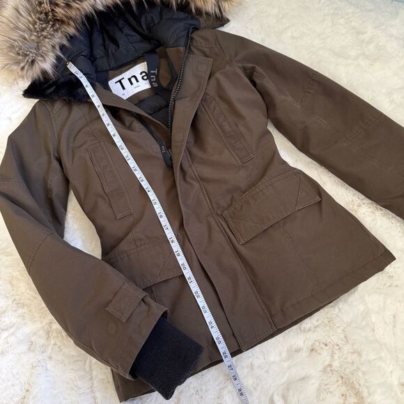 Aritzia TNA Goose Down Waterproof Windproof Fur Hood Jacket XS - Olive Brown - Picture 3 of 8